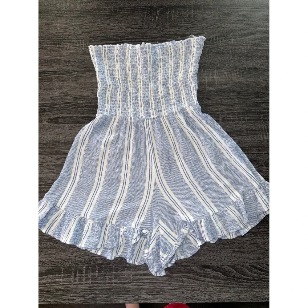 Angie Womens Blue White Striped Smocked Strapless Romper Ruffle Hem Size S - Picture 2 of 6